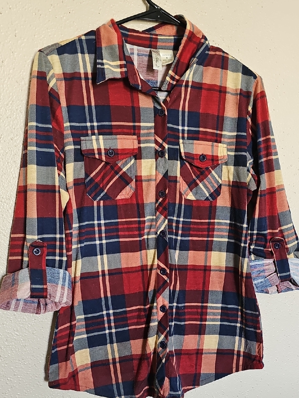 Bella D  Red, Navy & Cream Plaid Button-Down Shirt